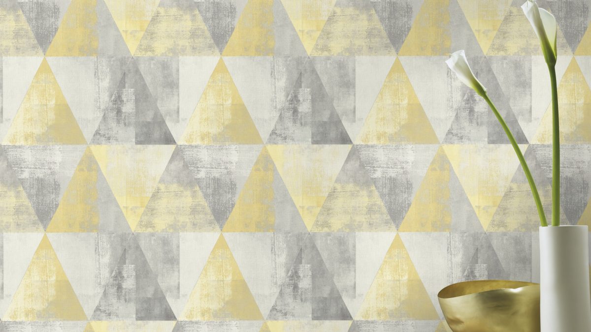 Papel mural triángulos amarillo y gris HYDE PARK 410921 RASCH