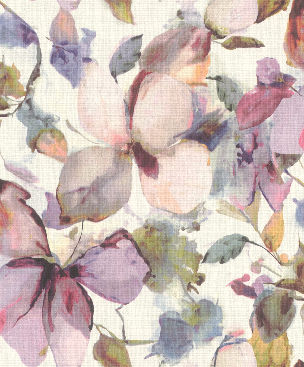 Papel mural non-woven lavable para interiores con diseño floral acuarela en tonos rosa, lila y verde