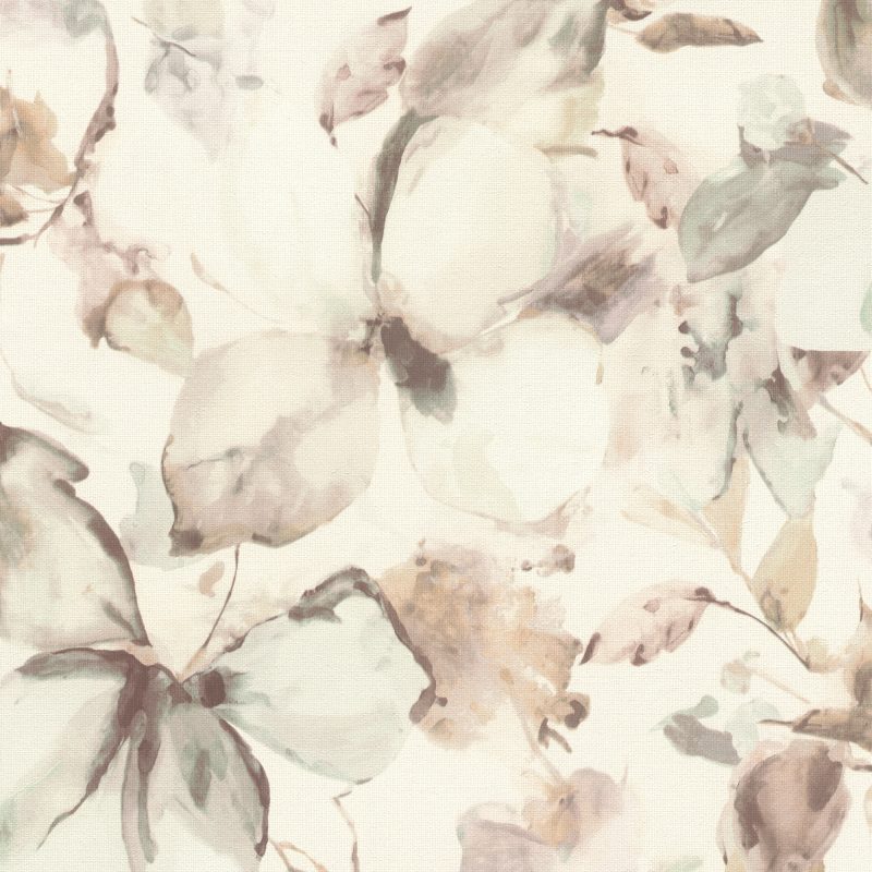 Papel mural non-woven lavable para interiores con diseño floral acuarela en tonos crema y verdes