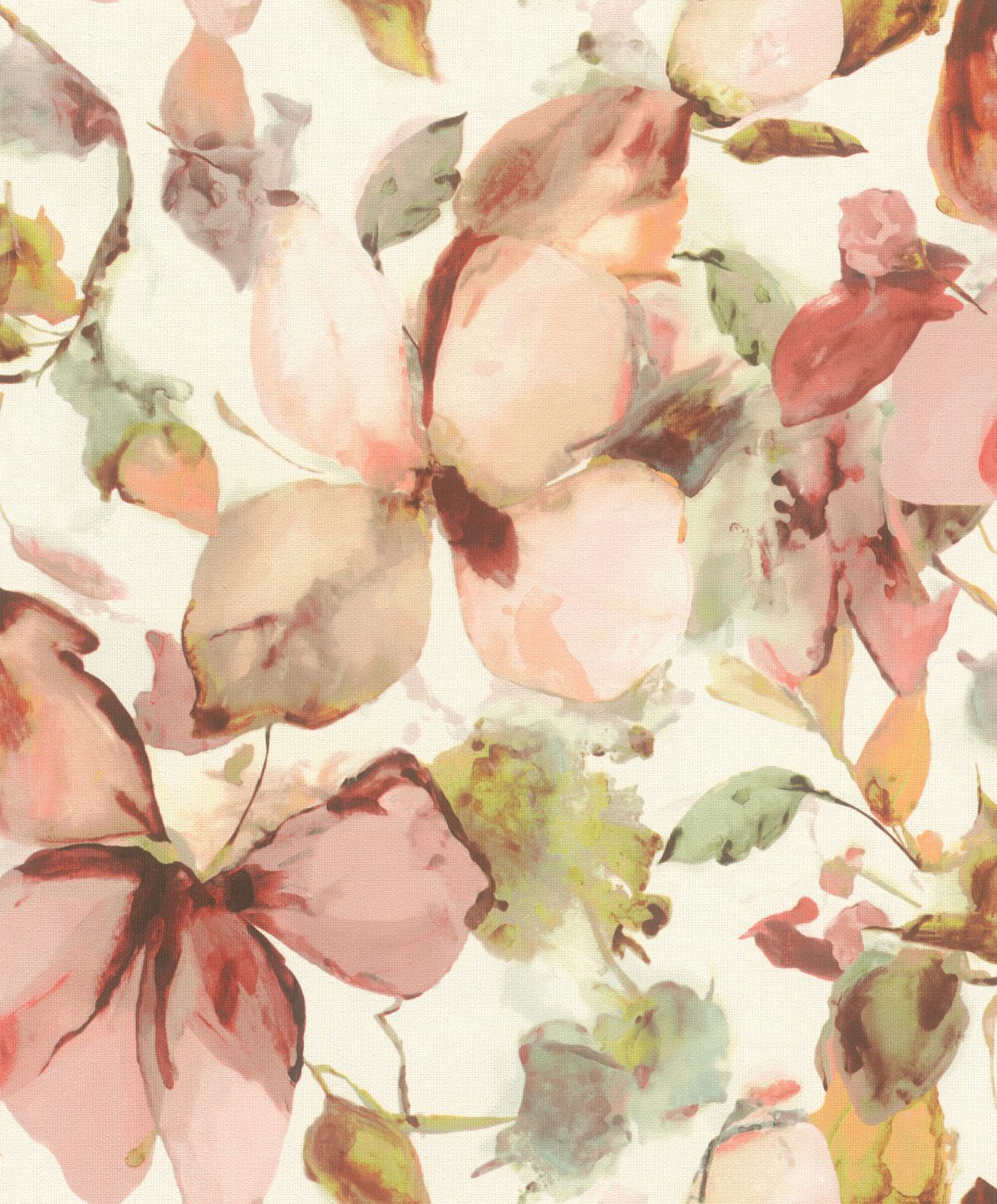 Papel mural non-woven lavable para interiores con diseño floral acuarela en tonos crema, verdes, rosado y damasco