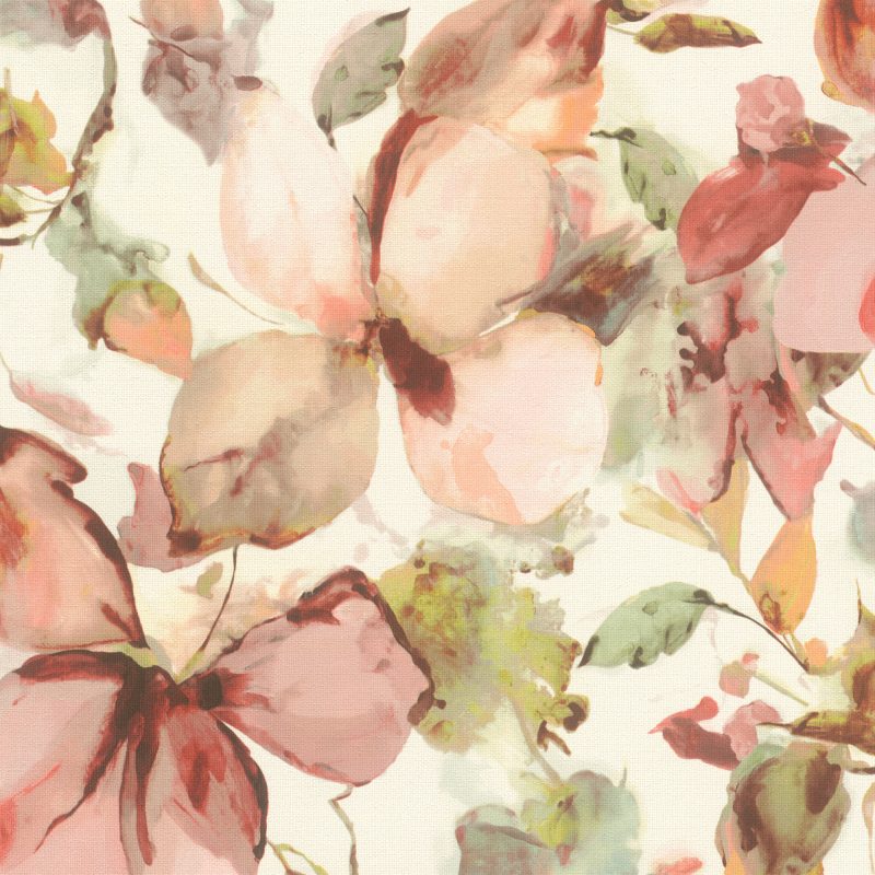 Papel mural non-woven lavable para interiores con diseño floral acuarela en tonos crema, verdes, rosado y damasco