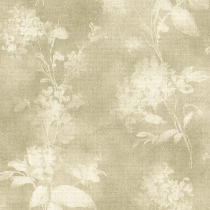 Papel mural non-woven lavable para interiores con diseño de flores en crema que se funden en tonos sepia verdosos como juego de luces y sombras