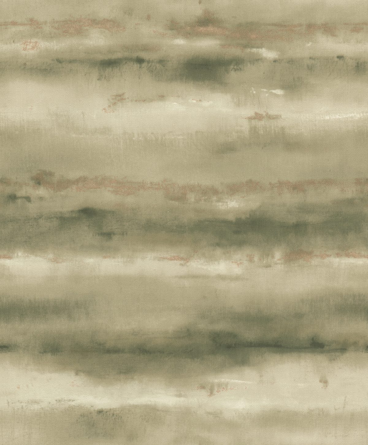 Papel mural non-woven lavable para interiores con diseño degradado de acuarela en verde, blanco crema y toque dorado que crean un efecto de rayas horizontales