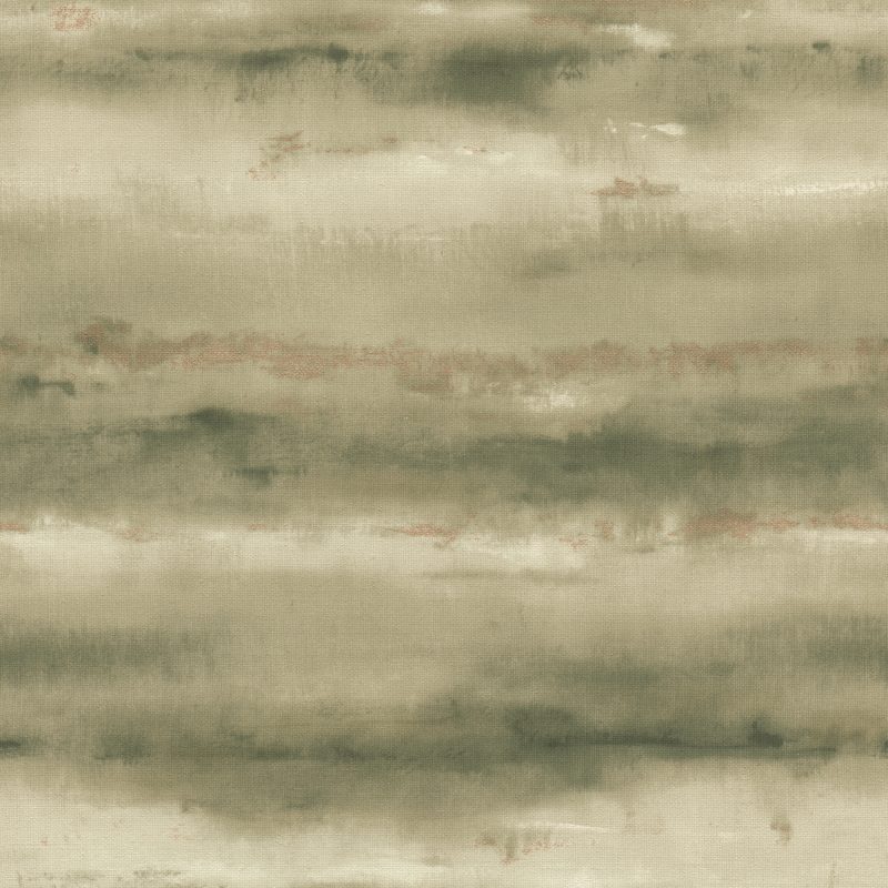 Papel mural non-woven lavable para interiores con diseño degradado de acuarela en verde, blanco crema y toque dorado que crean un efecto de rayas horizontales