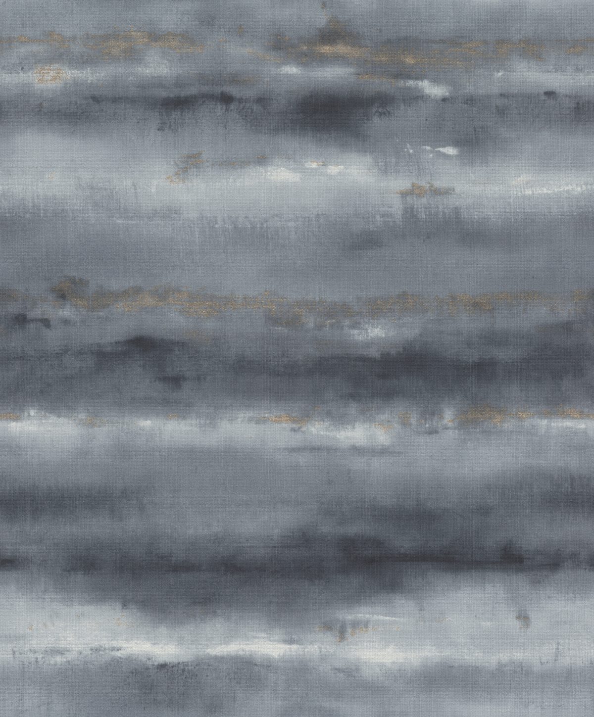 Papel mural non-woven lavable para interiores con diseño degradado de acuarela en azul, blanco y toque dorado que crean un efecto de rayas horizontales