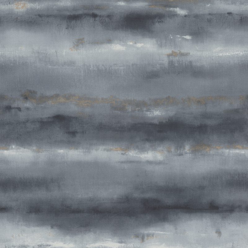 Papel mural non-woven lavable para interiores con diseño degradado de acuarela en azul, blanco y toque dorado que crean un efecto de rayas horizontales