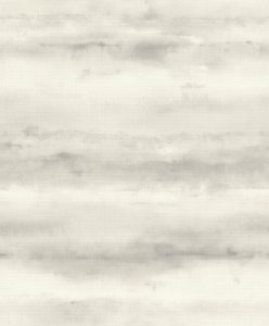 Papel mural non-woven lavable para interiores con diseño degradado de acuarela en gris y blanco crema, crean un efecto de rayas horizontales