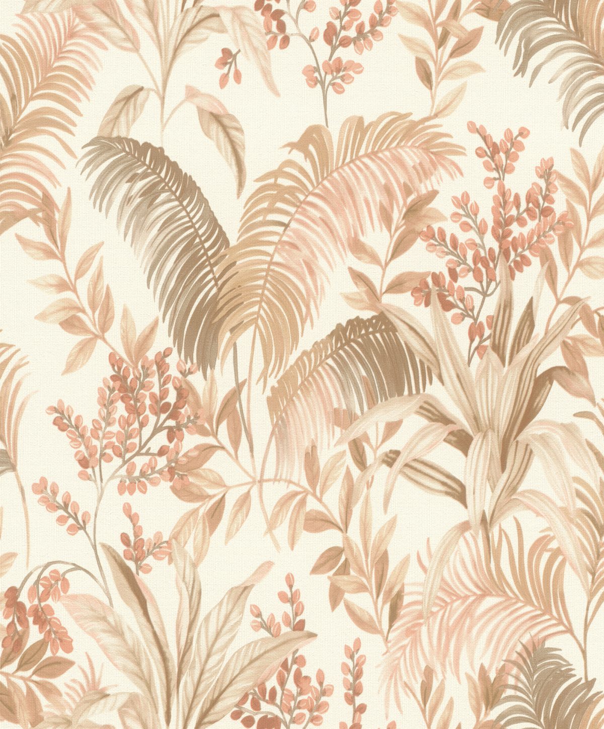 Papel mural non-woven lavable para interiores con diseño de estilo tropical de hojas de palmera y plantas exóticas en colores tierra sobre un fondo blanco crema