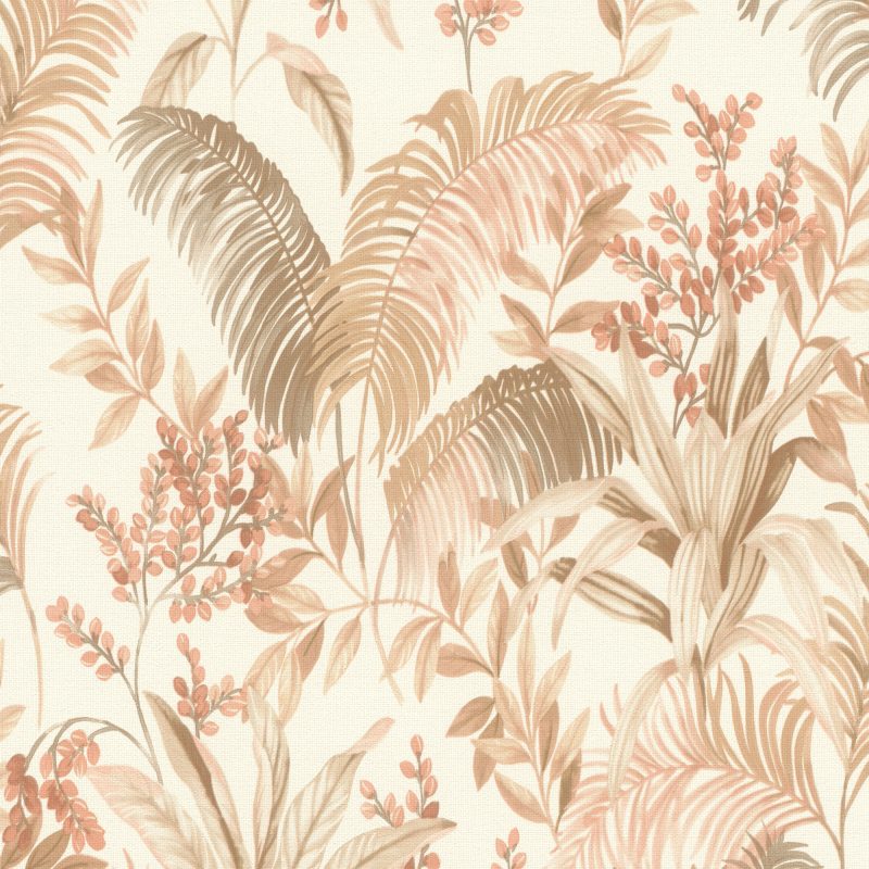 Papel mural non-woven lavable para interiores con diseño de estilo tropical de hojas de palmera y plantas exóticas en colores tierra sobre un fondo blanco crema