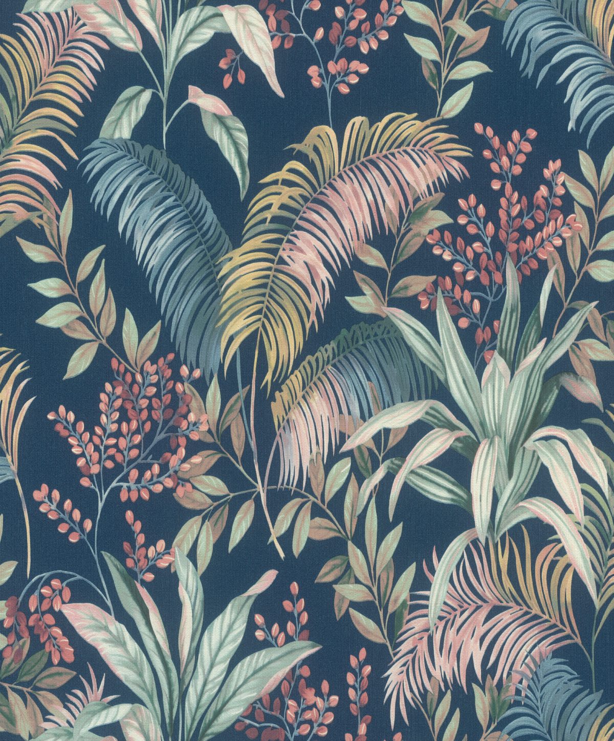 Papel mural non-woven lavable para interiores con diseño de estilo tropical de hojas de palmera y plantas exóticas en color azul, verdes, rosado y amarillo