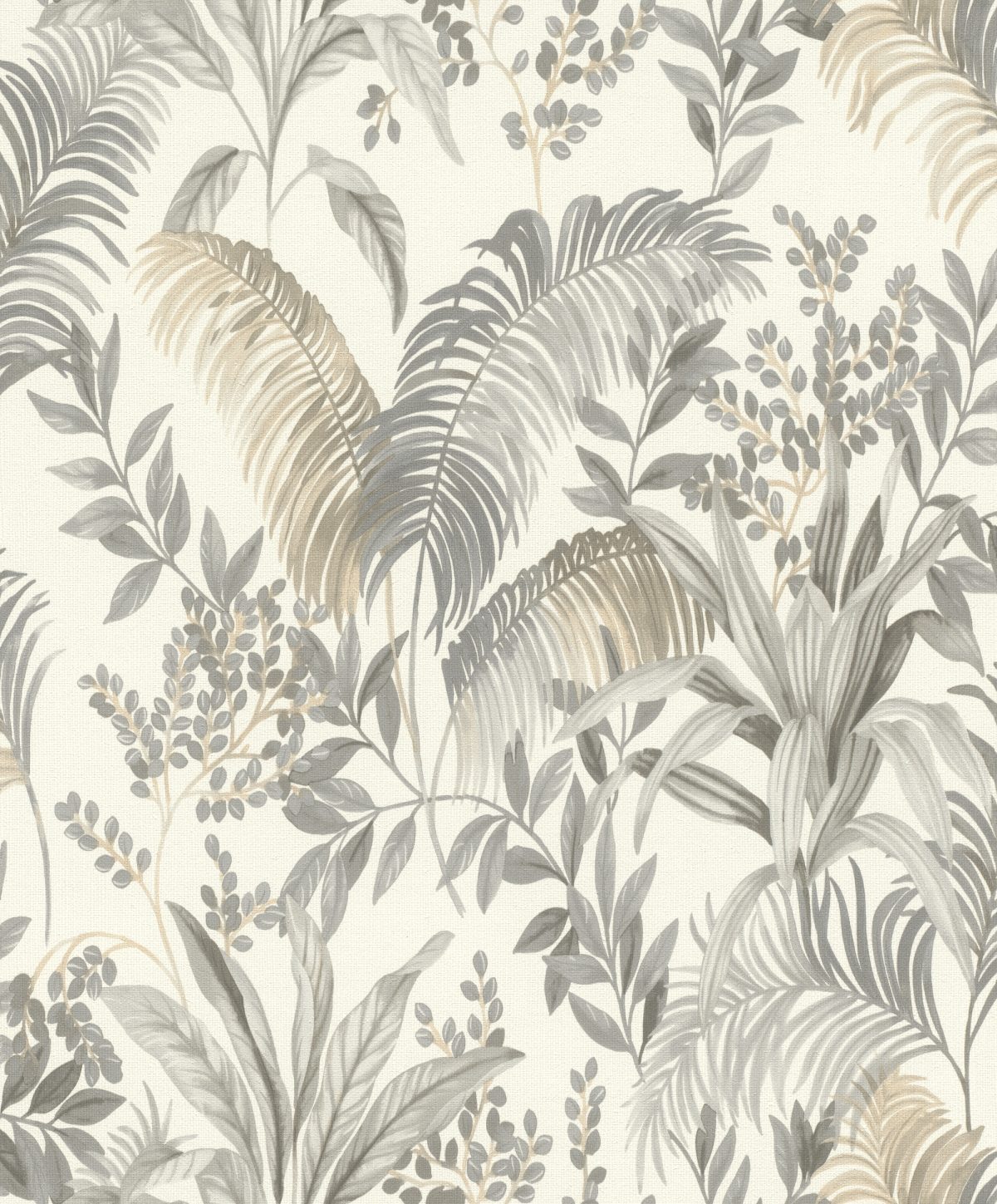 Papel mural non-woven lavable para interiores con diseño de estilo tropical de hojas de palmera y plantas exóticas en colores gris claro y beige