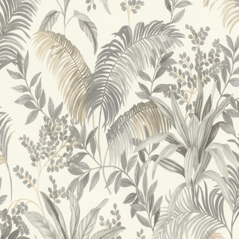 Papel mural non-woven lavable para interiores con diseño de estilo tropical de hojas de palmera y plantas exóticas en colores gris claro y beige
