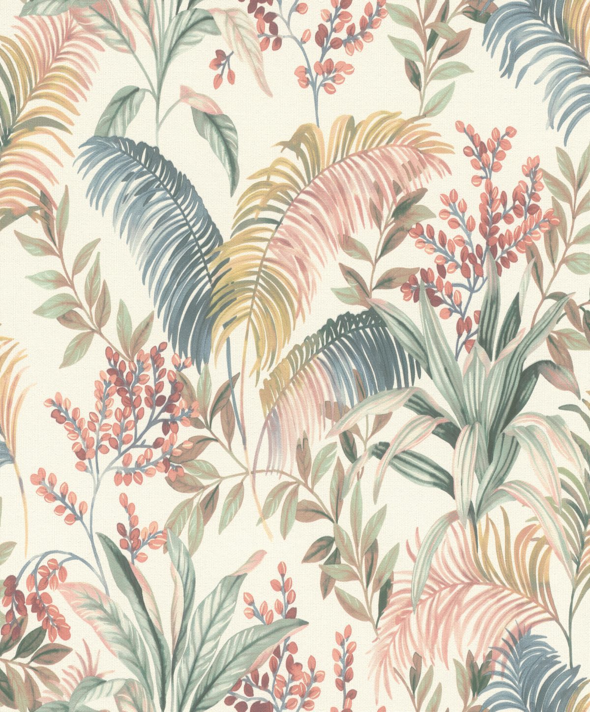 Papel mural non-woven lavable para interiores con diseño de estilo tropical de hojas de palmera y plantas exóticas en varios colores azul, rosado, verde, amarillo sobre fondo claro