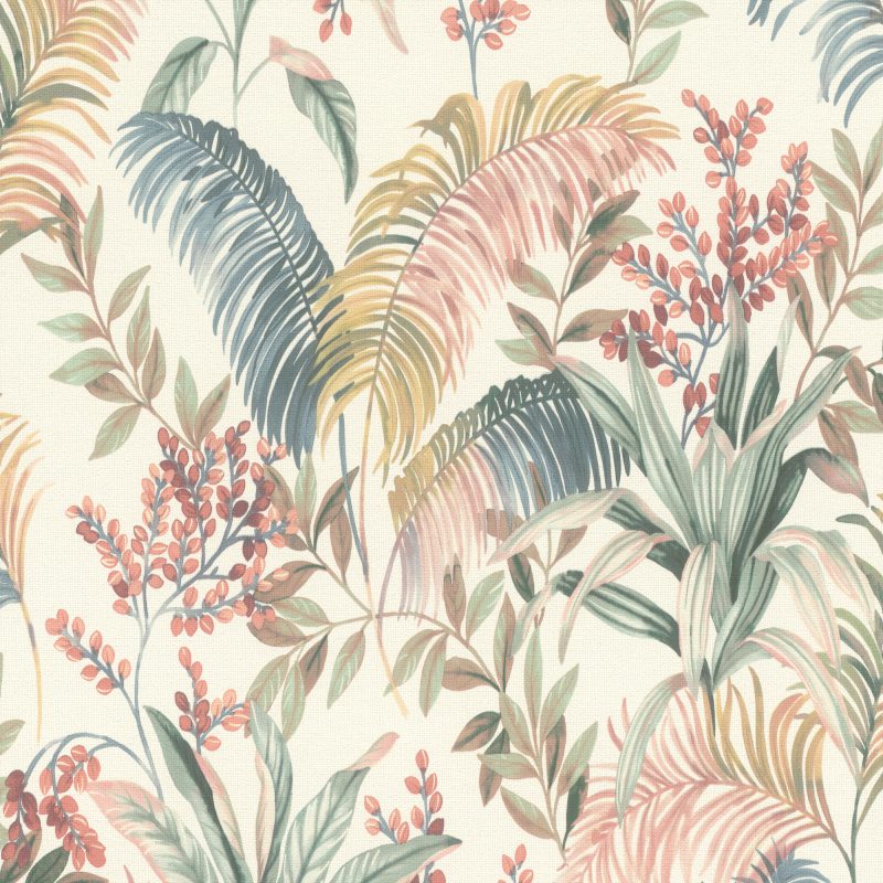 Papel mural non-woven lavable para interiores con diseño de estilo tropical de hojas de palmera y plantas exóticas en varios colores azul, rosado, verde, amarillo sobre fondo claro