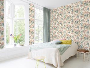 Papel mural non-woven lavable para interiores instalado en dormitorio