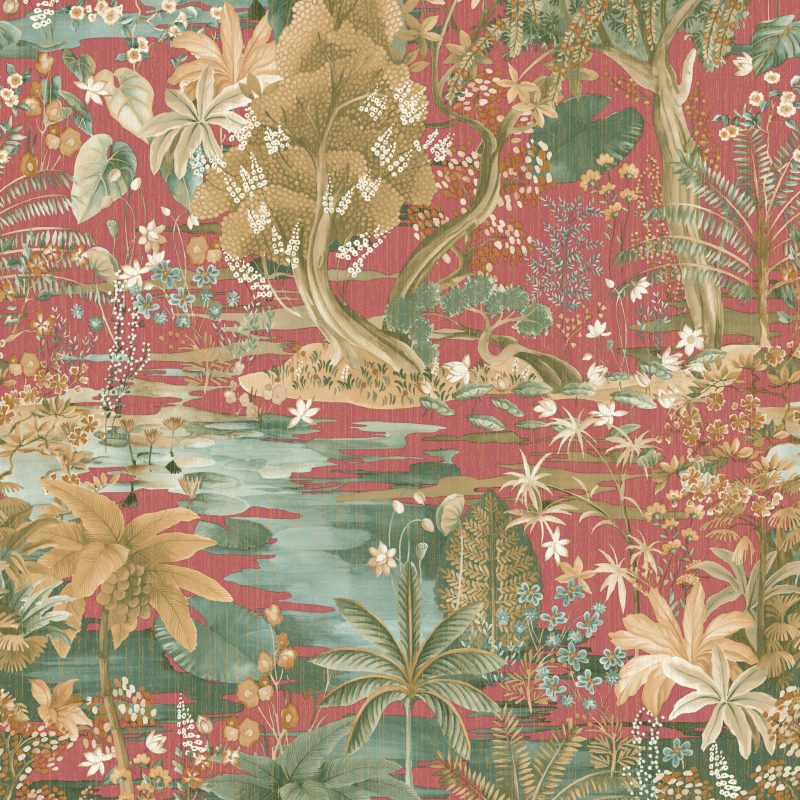 Papel mural non-woven lavable para interiores diseño de paisaje oriental en varios colores, rojo, celeste, verdes