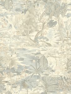Papel mural non-woven lavable para interiores diseño de paisaje oriental en varios colores, crema, gris, celeste, rosado