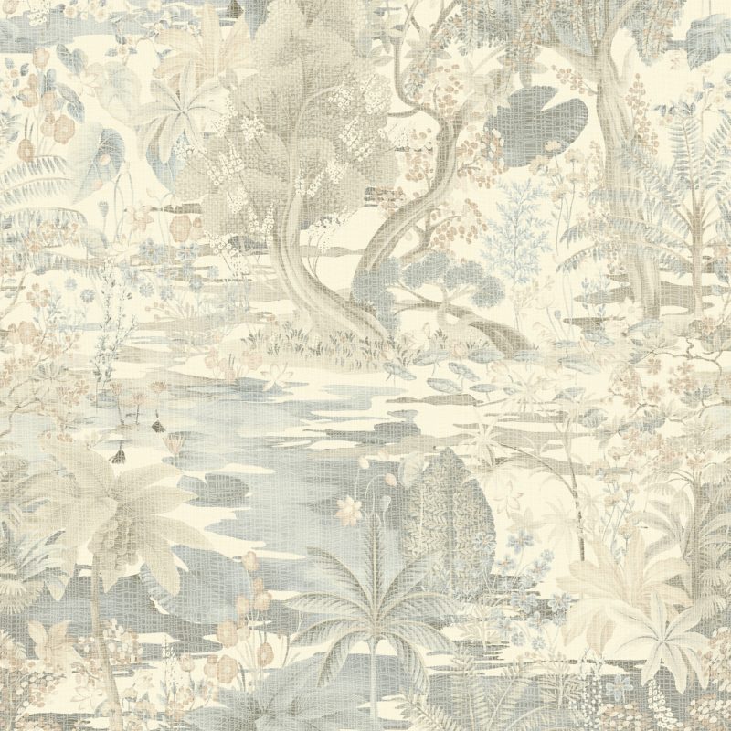 Papel mural non-woven lavable para interiores diseño de paisaje oriental en varios colores, crema, gris, celeste, rosado
