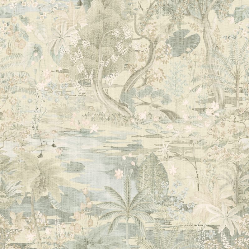 Papel mural non-woven lavable para interiores diseño de paisaje oriental en varios colores, verde claro, beige, rosado