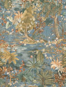 Papel mural non-woven lavable para interiores diseño de paisaje oriental en varios colores, azul, naranjo, tierras