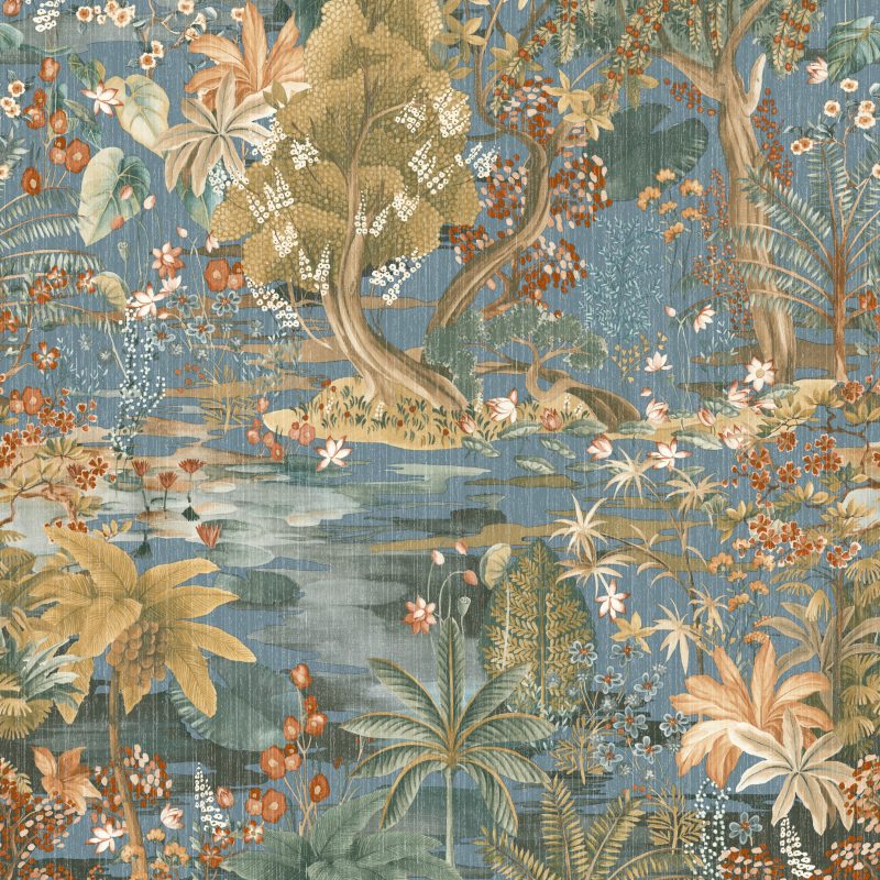 Papel mural non-woven lavable para interiores diseño de paisaje oriental en varios colores, azul, naranjo, tierras