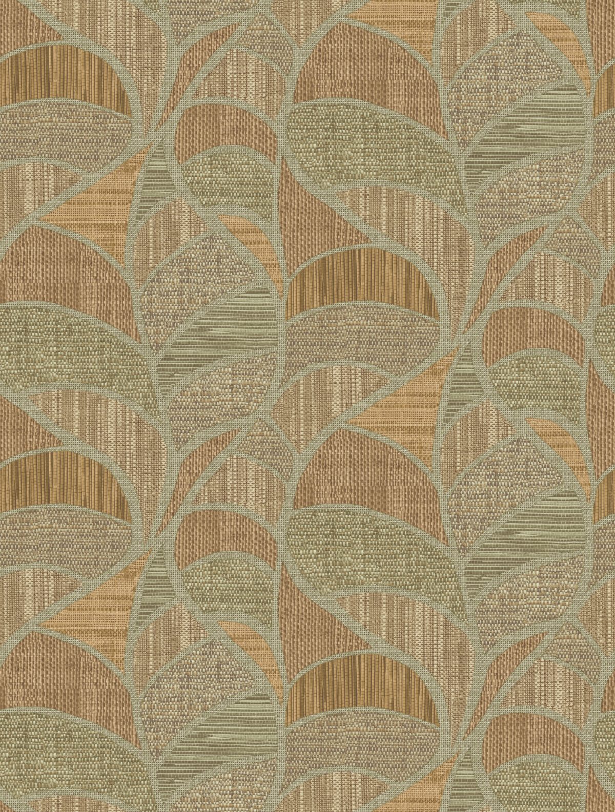 Papel mural non-woven lavable para interiores diseño de hojas monstera formado por diferentes fibras, en colores café, beige, verde