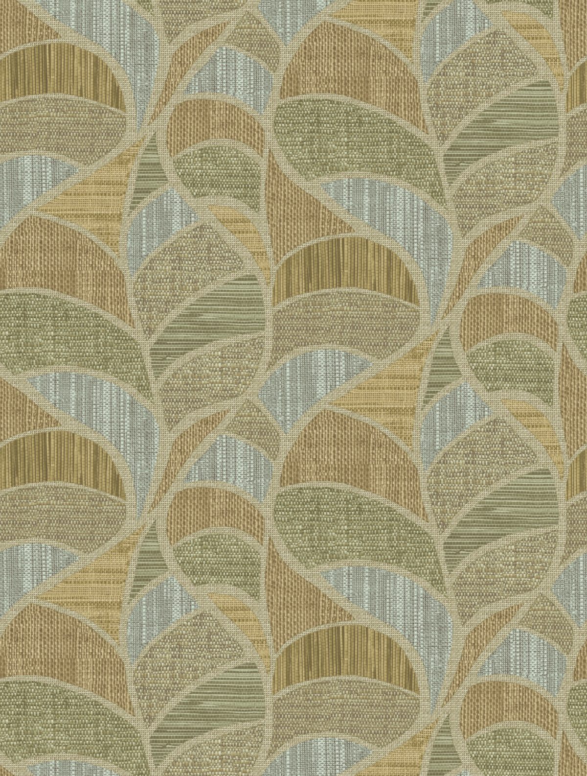 Papel mural non-woven lavable para interiores diseño de hojas monstera formado por diferentes fibras, en colores verdes, beige y celeste