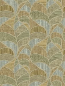 Papel mural non-woven lavable para interiores diseño de hojas monstera formado por diferentes fibras, en colores verdes, beige y celeste