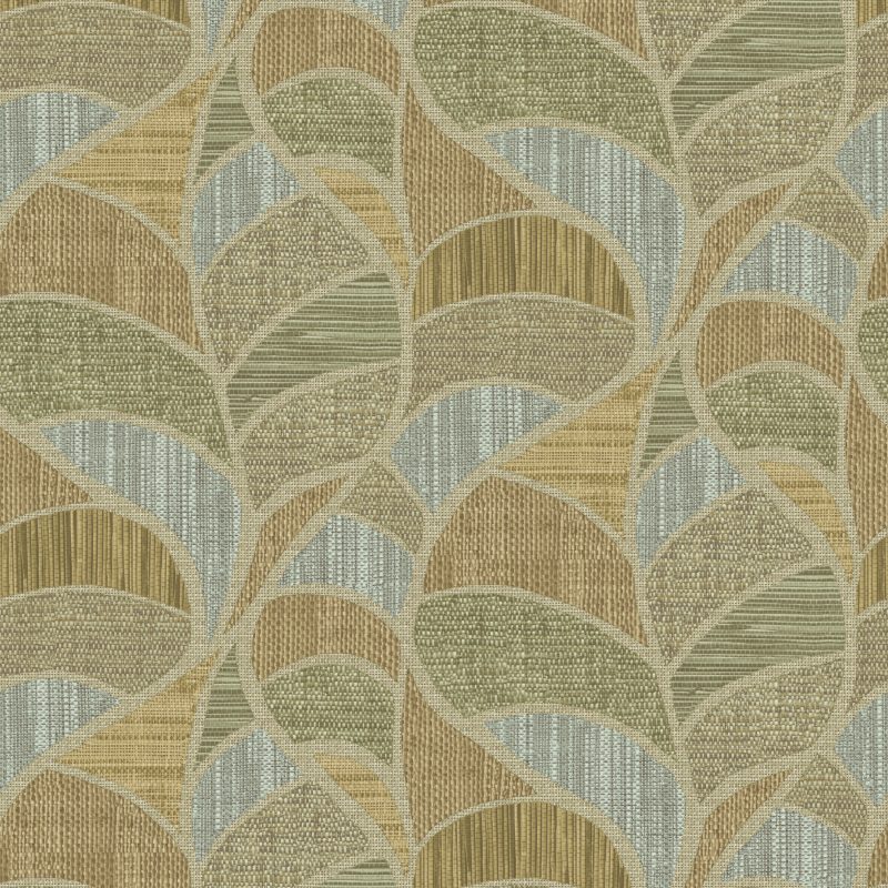 Papel mural non-woven lavable para interiores diseño de hojas monstera formado por diferentes fibras, en colores verdes, beige y celeste