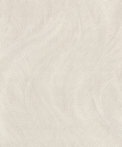 Papel mural non-woven lavable para interiores metalizado con un diseño de ondas con líneas que le dan relieve en color gris claro, blanco y plata