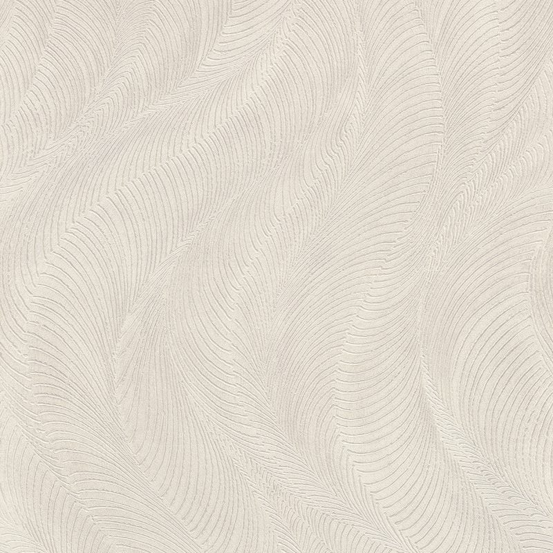 Papel mural non-woven lavable para interiores metalizado con un diseño de ondas con líneas que le dan relieve en color gris claro, blanco y plata