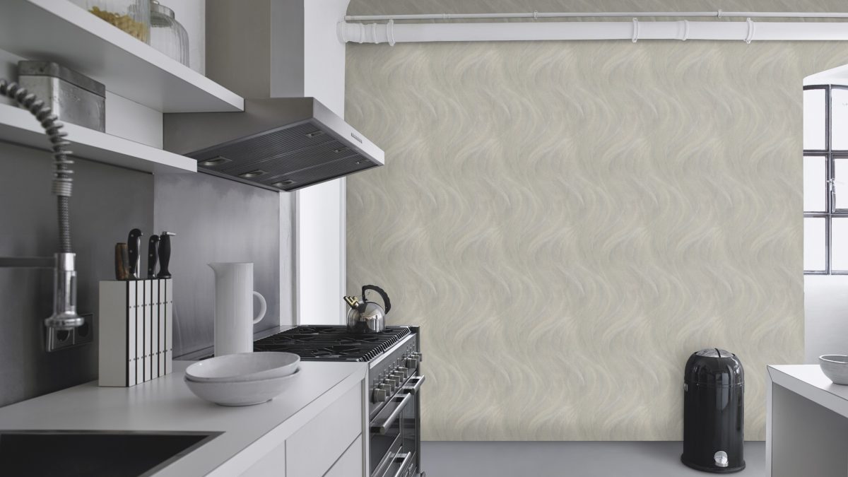Papel mural non-woven lavable para interiores instalado en cocina abierta