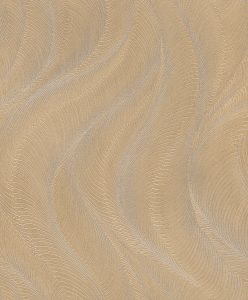 Papel mural non-woven lavable para interiores con un diseño de ondas con líneas que le dan relieve en color dorado