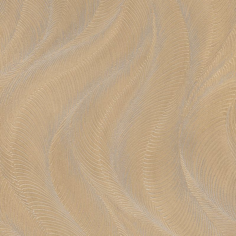 Papel mural non-woven lavable para interiores con un diseño de ondas con líneas que le dan relieve en color dorado