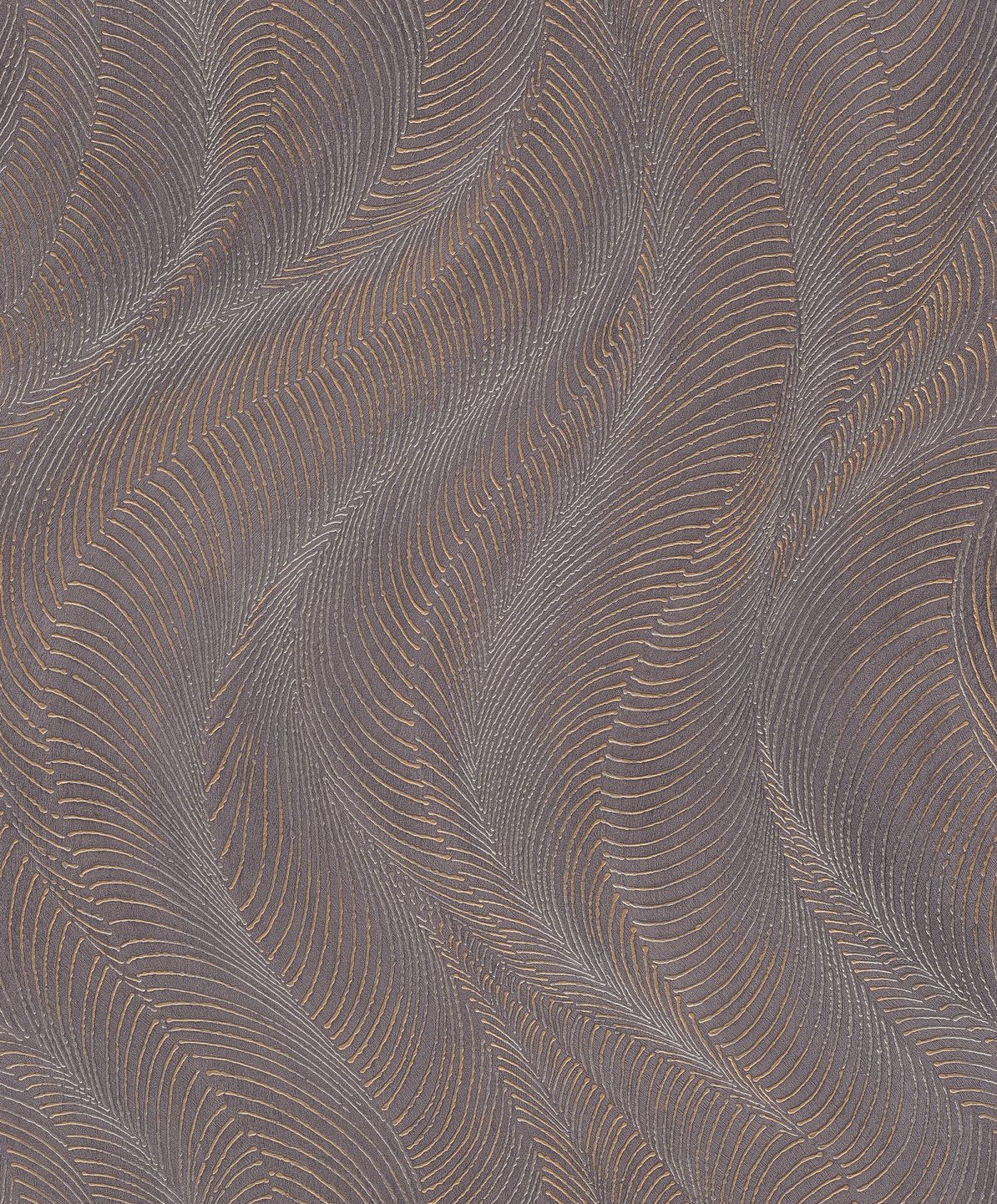 Papel mural non-woven lavable para interiores con un diseño de ondas con líneas que le dan relieve en color café oscuro y cobre
