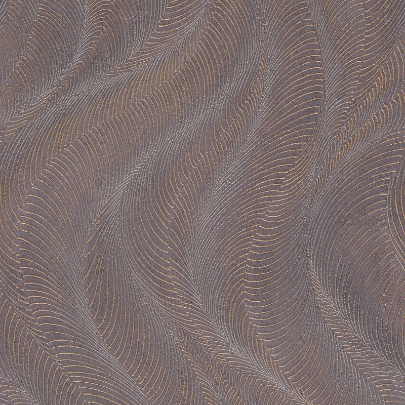 Papel mural non-woven lavable para interiores con un diseño de ondas con líneas que le dan relieve en color café oscuro y cobre