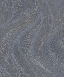 Papel mural non-woven lavable para interiores con un diseño de ondas con líneas que le dan relieve en color gris grafito, plata