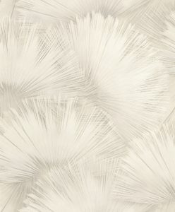 Papel mural non-woven lavable para interiores con un diseño de hojas de palma como abanico color blanco y gris muy claro con un leve brillo haciendo juego de luces y sombras