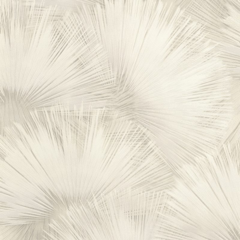 Papel mural non-woven lavable para interiores con un diseño de hojas de palma como abanico color blanco y gris muy claro con un leve brillo haciendo juego de luces y sombras