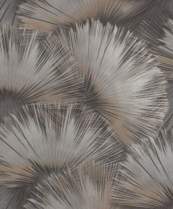 Papel mural non-woven lavable para interiores con un diseño de hojas de palma como abanico color negro, dorado y cobre con un leve brillo haciendo juego de luces y sombras