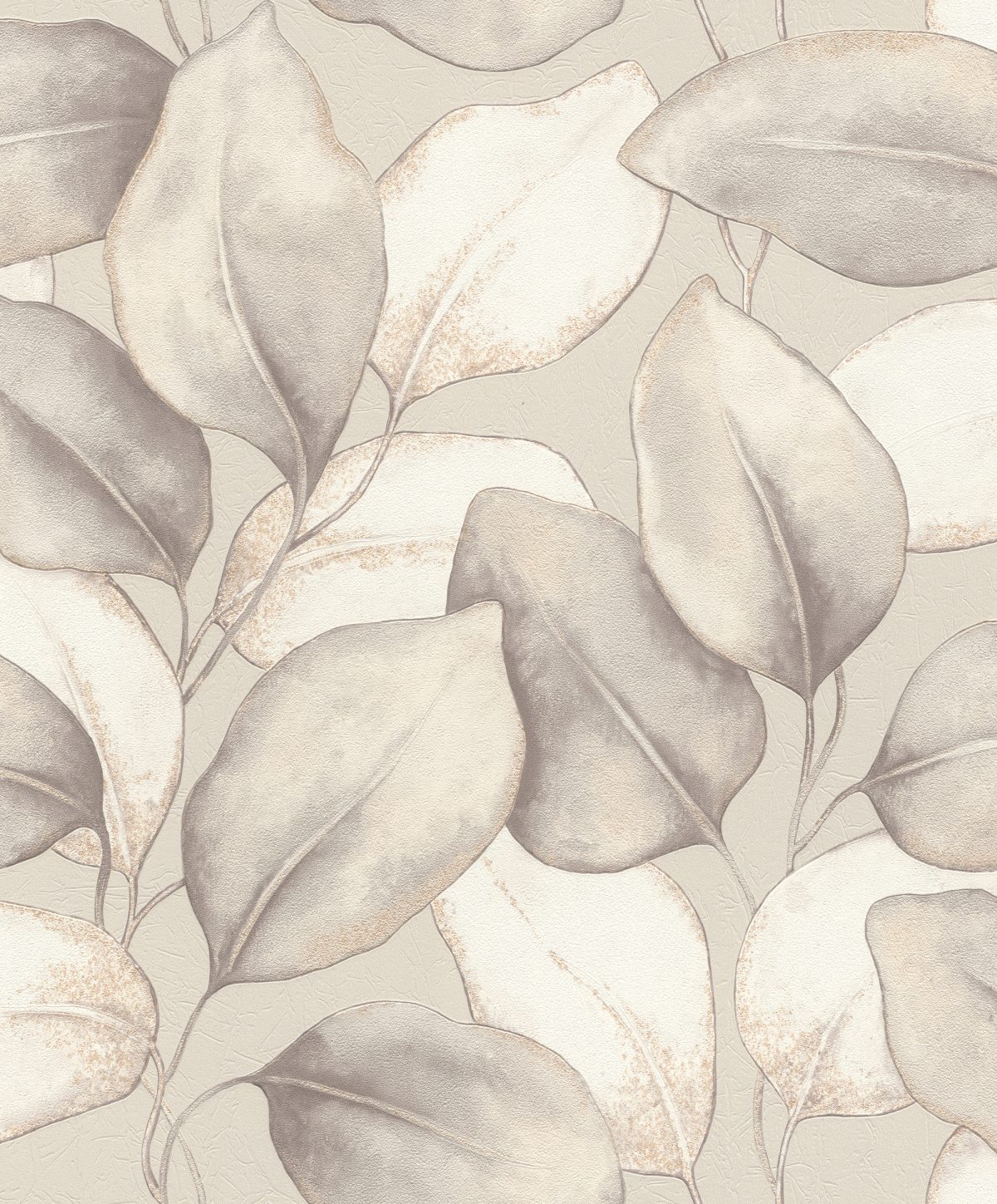 Papel mural non-woven lavable para interiores con un diseño de hojas en colores gris, crema, taupé, y toques sutiles dorados