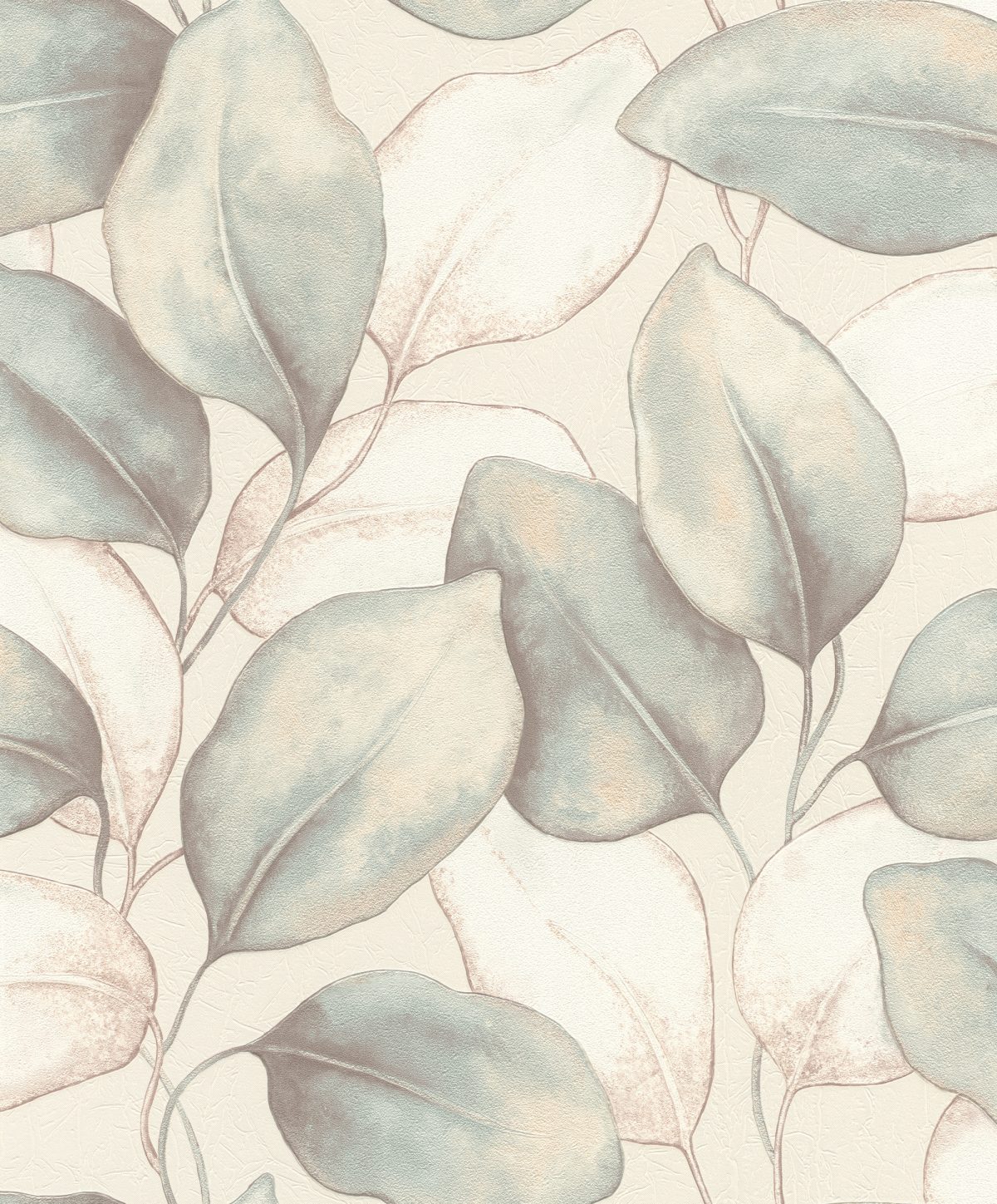 Papel mural non-woven lavable para interiores con un diseño de hojas en colores blanco crema, verde claro, dorado