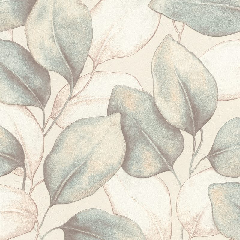 Papel mural non-woven lavable para interiores con un diseño de hojas en colores blanco crema, verde claro, dorado
