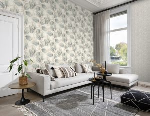 Papel mural non-woven lavable para interiores instalado en living