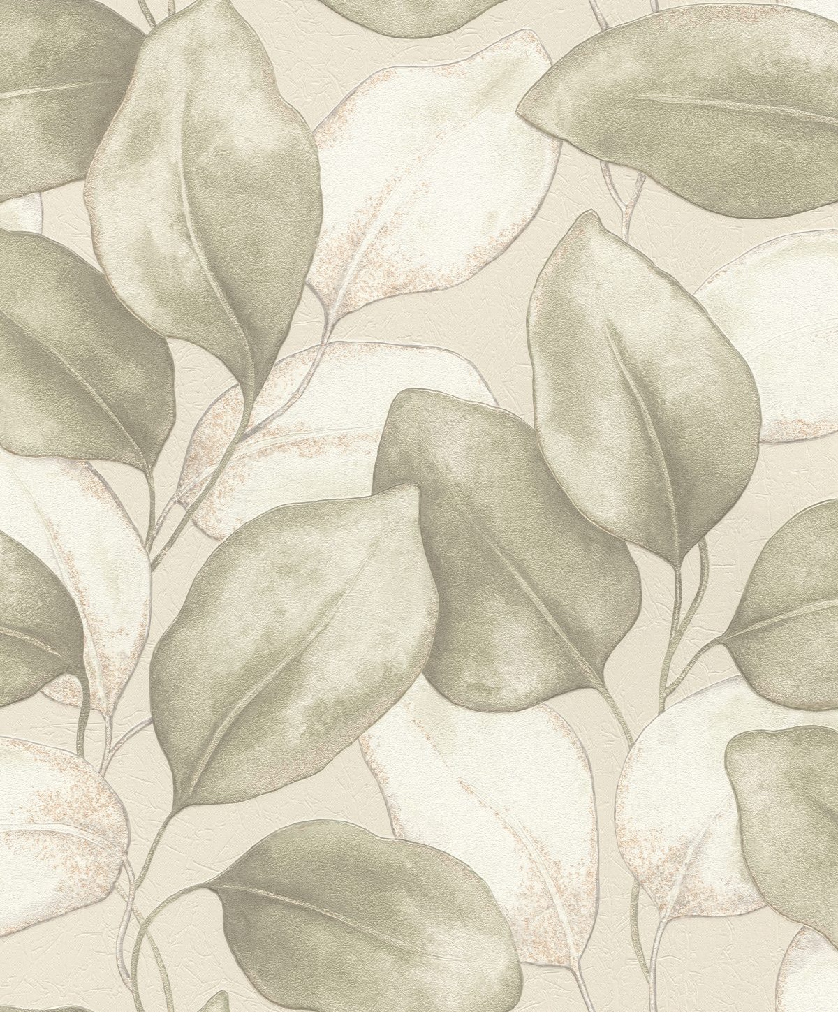Papel mural non-woven lavable para interiores con un diseño de hojas en colores blanco crema, verde pistacho, dorado