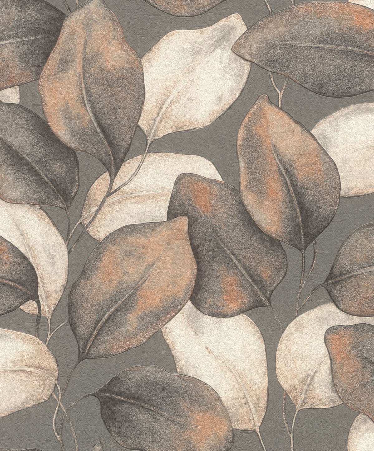 Papel mural non-woven lavable para interiores con un diseño de hojas en colores gris, café, beige, cobre