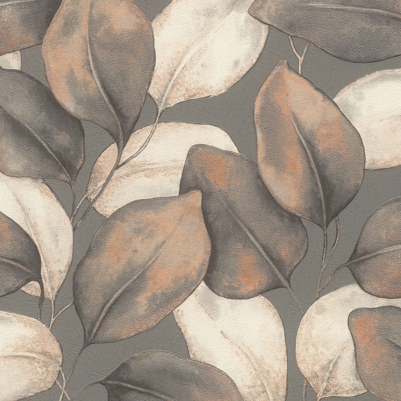 Papel mural non-woven lavable para interiores con un diseño de hojas en colores gris, café, beige, cobre