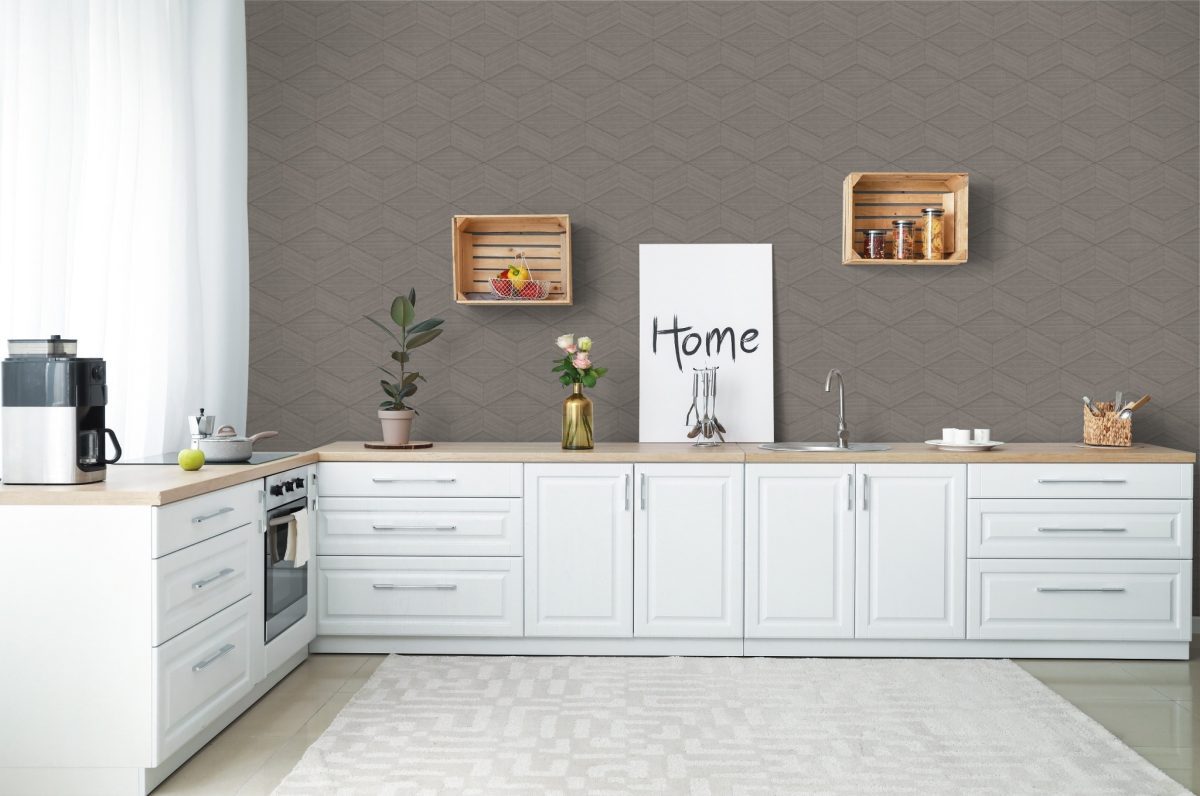 Papel mural non-woven lavable para interiores instalado en cocina abierta
