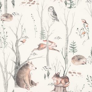 Papel mural infantil non-woven lavable para interiores con osos, liebres, búhos, erizos, ardillas y pájaros en su hábitat natural