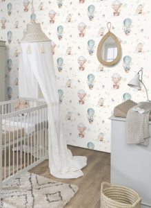 Papel mural infantil non-woven lavable para interiores con diseño de animalitos en globo aerostático